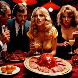 Comic movie shot, spooky, hot, ultra realistic, dine, horns, ultra realistic hot blonde women, year-end party, pieces of meat, organs, hot, ail, dynamic, hot, very excited people, hypermaximalist figures, light, 1970's Italian horror movie, sinister,, Dario Argento, Stanley Kubrik, ornate, 4k, photorealism