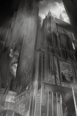 surrealis monochrome A fragmented, surreal sculpture liguid color of photorealistic image 3d,psychedelic art glossy emerging from devilish a crumbling empire state building. The face appear and intricate details, evoking a haunting expression. set against a backdrop of stormy, cloud-filled skies. bauhaus art The overall tone is dark and moody, suggesting themes of decay and transformation.