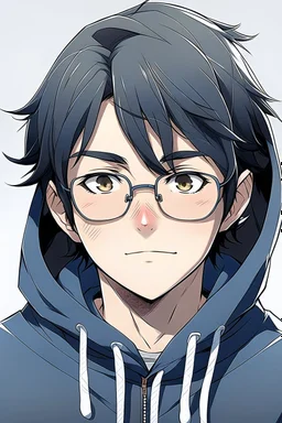 An anime adult man with glasses, fluffy black hair, wearing a hoodie