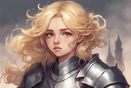 there is a knight, she has blonde hair. the artstyle is comic