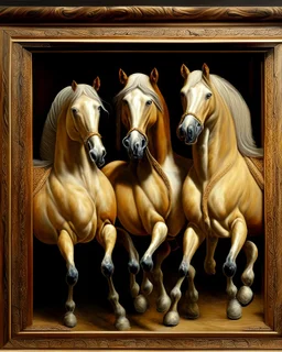 Tres Caballos Palomino cuerpo completo obra de arte hiperredetallado arte renacentista pintura al oleo 8k marco del cuadro tallado en madera