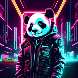 a portait of a panda, cyberpunk, neon lights, neon signs