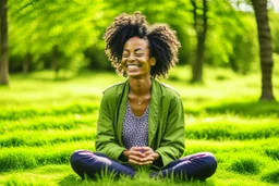 "A person smiles and feels contentment and serenity while practicing meditation in nature. They may be sitting on the grass or by a tranquil lake, placing their hands on their knees, and blissfully closing their eyes."