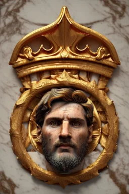 Ultra Realistic image, Roman sculpture, white marble material, Lionel Messi, gold Laurel leaves wreath, renaissance ornaments, one gold star in heart, sun ornament, sun rays background, chisel style, waist up portrait, emperor style, epic, celestial, cinematic lighting, God light, god rays, 4k resolution, smooth details, ornate details, soft lighting, unreal engine 5, art station, substance 3d.