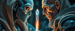 family photo, Close-up confrontation between an ancient alien outcast leader synth and a space broker, standing only a meter apart, intense eye contact, glowing crystalline rod between them, anger mixed with sadness, dramatic facial expressions, shallow depth of field, cinematic lighting, stylized 3D anime, airbrush painting, crisp outlines, escher , rembrandt and hr giger