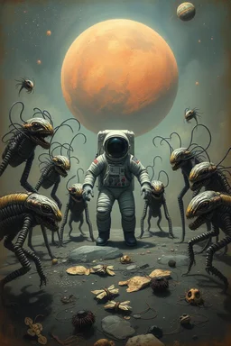 Bosch painting style, an astronaut surrounded by wired creatures on a surface of an known planet
