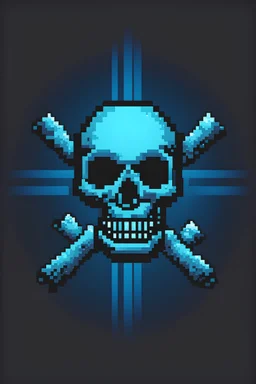 An 8 bit style skull and cross bones logo with a spooky blue glow