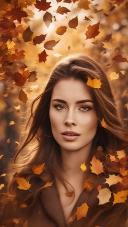 a woman surrounded by falling autumn leaves, capturing the essence of seasonal beauty. Emphasize the warm, earthy tones and the play of light as it filters through the falling foliage