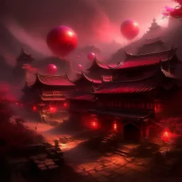 A dark reddish magenta oriental village with fiery orbs painted by Zhang Lu