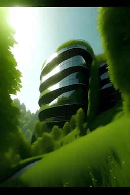 exterior view from a futuristic building, sunny day, cinematic shot , 4k, green vegetation