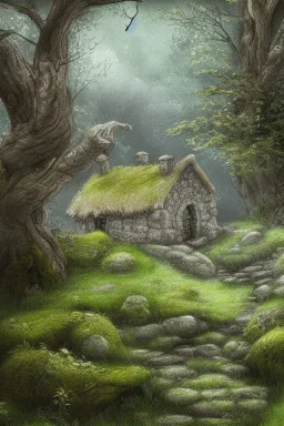 a small, moss covered, stone cottage in a clearing in the woods elegant pencil sketch digital painting extremely detailed very attractive dynamic lighting award winning fantastic view crisp quality