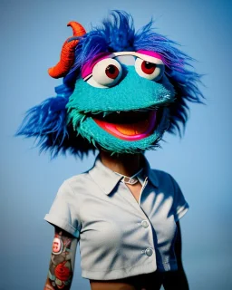 hybrid character, waitress sexy Asian woman with monster muppet mask that covers her entire head, pop blue, short shirt, old school tattoo, retro style, Sesame Street style, neon, smooth, unreal engine 5, god lights, ray tracing, RTX, lumen lighting, ultra detail, volumetric lighting, 3d.