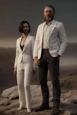 8K, a Highly detailed stunning image of Dom man with a submissive woman, white suit, beard, and short hair,