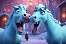 frozen satan whisperer whispering horses so they go crazy, in the style of Pixar, expertly crafted in a whimsical and vibrant cartoon style. is masterfully rendered in a lifelike 3D design, which captivates viewers with there irresistible charm.