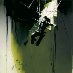 Minimal abstract oil paintings falling person limbs sinew. Wearibg hazmat. concrete fragments architecture and hanging wires illuminated at night style of Justin Mortimer and Phil Hale and Ashley Wood