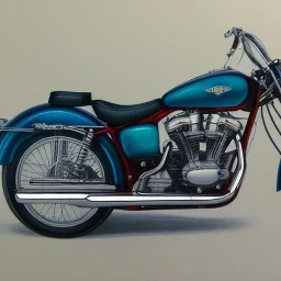 fullbody Drawing of 'Vintage classic style concept Motorcycle',three quarters view, retro design study, classic steel wheels, toned colors, art by cheryl kelley,16k