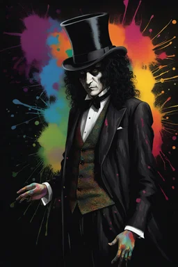 full color, A scary man with long curly black hair, wearing a top hat, black tuxedo and tie, against a black wall with multicolored paint splatter