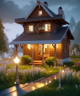 Cartoon pet with a smiley looking at a small house|mdjrny-v4 style| wide angle| intricate detailed| hyperrealistic| cinematic lighting| cinematic colors|hdr | unreal engine