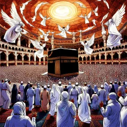 The scene in Mecca: People wearing white Ihram clothes, men without head coverings, women with veils, circumambulating around the Kaaba, and above them are transparent white spirits of children, men, and women with wings revolving around the Kaaba.