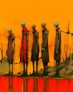long-legged surreal lean black-grey figures with ribbon-shaped heads in overcoat, profile, semi-silhouettes among ramshackle ruins in a barren landscape of red, yellow, black and beige colors, intricate acrylic painting