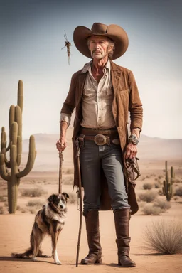 Full body cowboy in a desert with a dog and fancy walking stick