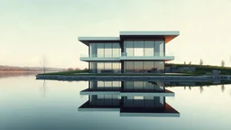 Imagine uma casa contemporânea, elegante e minimalista, situada à beira de um lago tranquilo. A arquitetura moderna se destaca pelas linhas limpas e formas geométricas, com grandes janelas de vidro do chão ao teto que permitem a entrada de luz natural e proporcionam uma vista panorâmica do lago calmo. O reflexo da casa na água espelha sua simplicidade sofisticada, criando uma atmosfera de serenidade e introspecção. Materiais como madeira escura e pedra se mesclam perfeitamente com o entorno