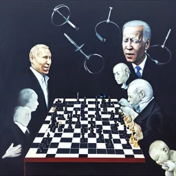 Complex Surgical Instruments,Putin,President Xi jinping,Joe Biden Play Chess with a Newborn Boy,absolute order,black background,surrealism,minimalism,Painting By Adrian Ghenie,Michelangelo,Rene Magritte,Lucian Freud,Salvador Dali,Pablo Picasso