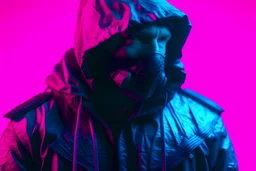 a russian ratnik soldier wearing hood, pink and blue neon background, cyberpunk style