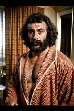 1970's massive male muscular strong man , Turkish, hairy chest, age 36, muscle daddy, beard, curly hair, armpits, in a wood, viril chest, opened bathrobe