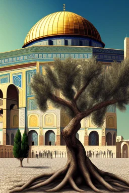 the dome of rock with roots of olive tree