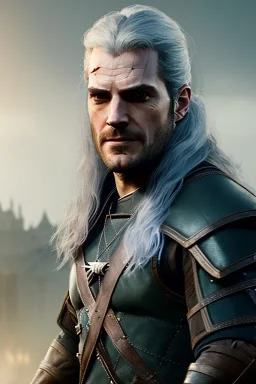 Henry cavil face, long white hair, wearing The witcher 3, realistic, 4k, intricate, best quality, fog particles, fire particles, octane render, vray, sword fire