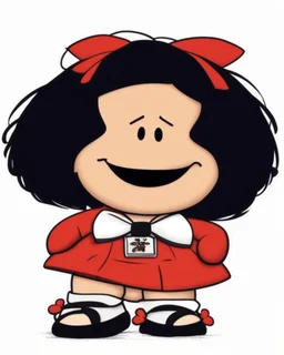 3D. Hyperrealistic photograph of Mafalda in real life, with a bowtie or butterfly type bow on her head. Straight hair. (((Whole body)))