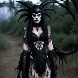 Goth Japanese demonic alien xenomorph clown woman as a xenomorph as a lingerie model with "black lace" fantasy in a xenomorph with tar and trad goth costume gothic killstar clothing with lace and black slime tar designs on the clothing in the movie "blair witch project" at night with moonlight, from a 1970s movie,