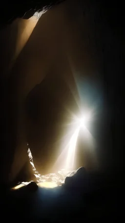 Figure on the scree cone of an underground hall lit by faint rays of sunlight diffuse, coming from a well located forty meters above.