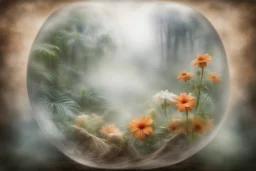 flowers, blur 5%, double exposure, merged layers, in the first part (near to us) of the picture you can see a plain sandblown smoked glass, engraved with a folk art pattern, the glass is cracked in several places, in some places the glass is broken, crumpled burlap, through it you can see a tropical rainforest with a waterfall, mist, fog, sunrise