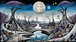 whimsical weird bizarre shapes on sky on eart in weird whimsical landscape between two long thin bridges, surreal vibe with abstractions, around surreal cracked painted weird land with rocks, trees, two moon, deep dark purple, gray, black, white, brown pale blue colors. style of Chagall , of Minjae Lee and Tim Burton, absurd beauty picture. weird bizarre absurd, nightmare, big neuron network clouds background and thin bridges, too big, too elongated shapes, psychedelic dreams