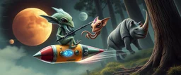 hairy macho gremlin octopus lizard alien couple living in a hi tech marvellous hot dog art graphics and gems on rocket with a mounted sling shot mega harpoon, heading for venus , background motion blur and smoke swirls, and cheeky slug rhino through giant forest with thick tree stumps and grainy textured trees