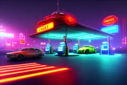 eine tankstelle inmitten auf dem meer, digital part,centered, detailed, 8k, shining, heaven, dampf, cyberpunk art, neon lights, neon signs, night, stars, stadion lichter