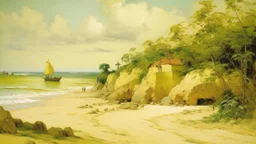 A light yellow summer resort on an island painted by Gustave Courbet