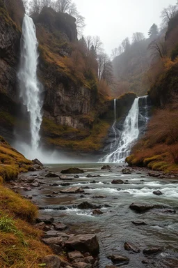 the bank of a torrent of river and waterfall from far away gothic theme