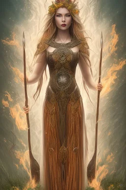 Create an image of a Wiccan Mayday Goddess. The goddess should be depicted as a beautiful and powerful figure, surrounded by symbols of the element of fire. Her hair should be long and flowing, and she should be dressed in a flowing gown or robe. In the background, include imagery of flowers, greenery, and perhaps a bonfire or other symbols of the Beltane celebration. The image should evoke a sense of joy, celebration, and spiritual connection to nature.