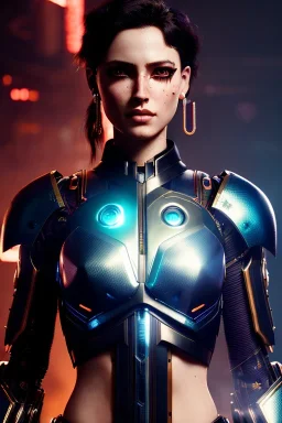 Cyborg warrior, waist up portrait, 8k resolution, intricate details, ornate details, soft lighting, vibrant colors, retroanime, masterpiece, intricate eyeliner, dark eyeshadow, eyes, wild blue hair, intricate tattoos, jungle background,
