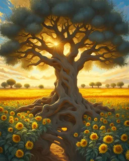 an ancient olive tree in the center of a sunflower field in in impasto style , golden light hour, blue sky full of cotton clouds, simple, peacefull, hyperrealistic --style raw --stylize 750 Modifiers: elegant 8k oil on canvas cinematic lighting very attractive beautiful dynamic lighting fantastic view close up Unreal Engine cinematic postprocessing acrylic art Surrealism Impressionist luminism Craig Rutkowski Tesselated 8k beautiful cinematic lighting elegant very attractive oil on canvas beauti