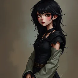 a beautiful girl, skinny, dark hair, gothic clothes, young, medieval fantasy, digital art, stylised
