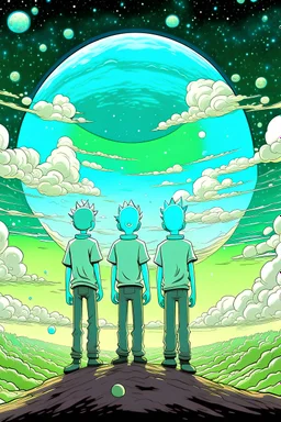 make me an illustration of 3 man looking at the sky looking at their backs meeting again after not seeing each other for a long time in a rick and morty cartoon style