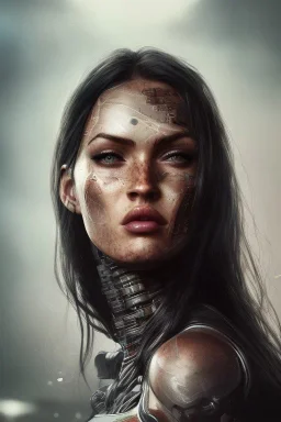 wonderfull portrait, megan fox face, half side face robot rust, long black hair, intricate, sci-fi, cyberpunk, future, fog, fire particles