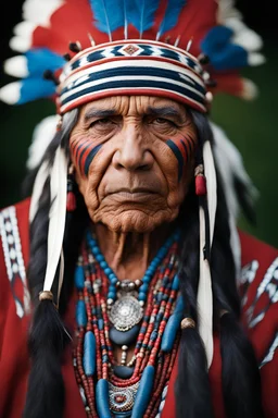 A highly detailed portrait photograph captures an American Indian elder tribal leader in a hyperrealistic manner. The chief wears striking blue-on-red tribal panther makeup, facing forward with a strong gaze. The intricate texture of his skin and his intense expression are emphasized. Shot with a 50mm f2 lens on a GFX100 camera, the image features dramatic front lighting, creating a distinctive look. Aspect ratio: 2:3. Quality: 2.