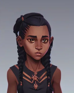 Portrait of a sweet dark skinned 9 year old witch kid with braided black hair