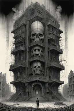 A building with a Indian fathers on and with computer chips and a smoke in the background dark a thin line draw ، front view camera, decayed and rotting with grotesque proportions and imagery. surreal horror, biomechanical design, by hr giger and beksinski , fine lines draw