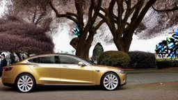 A Tesla's 'Model S Plaid' is parked, in the 'Golden Gate Park', in San Francisco. CINEMATIC. WIDE ANGLE LENS. PHOTO REAL.